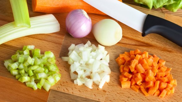 A basic soffritto starts with chopped onion, celery and carrot.
