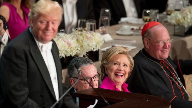 Donald Trump gets a laugh from his presidential rival Hillary Clinton.