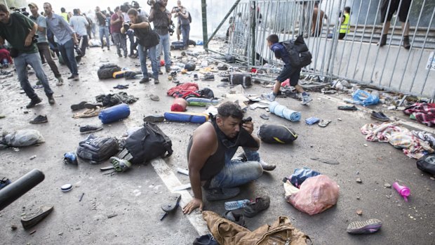 A refugee protester is left dazed after police responded with force against a large group on the Serbian-Hungarian border.