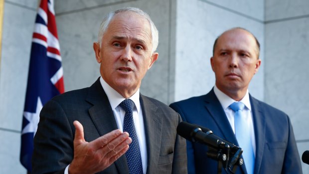 Maximising the political impact: Malcolm Turnbull and Peter Dutton.