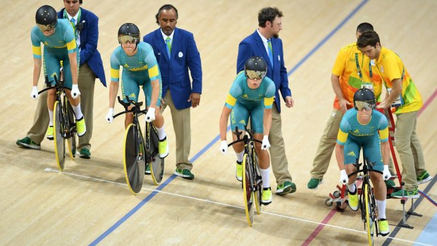 Georgia Baker, Annette Edmondson, Amy Cure and Melissa Hoskins of Australia compete in the women's team pursuit qualifying. 