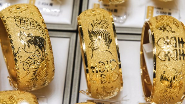 Gold bangles on display in a Hong Kong jewellery shop last month. 