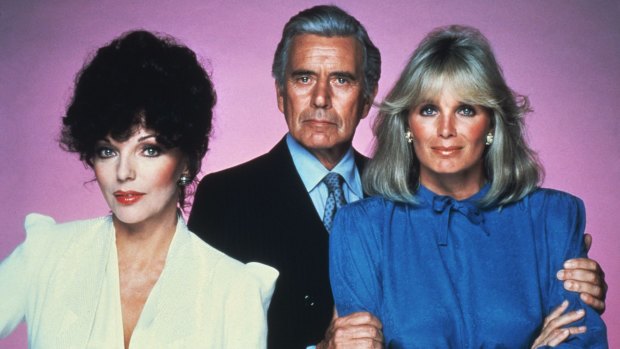 Joan Collins, John Forsythe and Linda Evans epitomise 1980s excess in <i>Dynasty</i>.