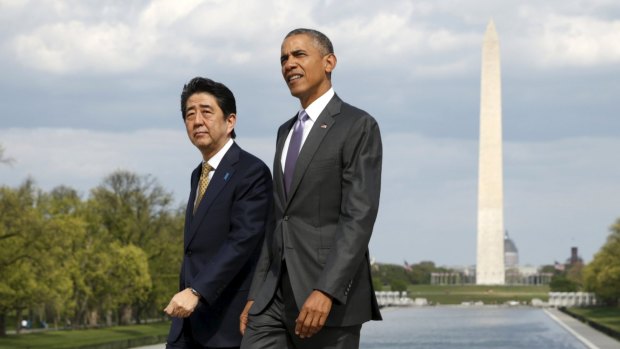 Japanese Prime Minister Shinzo Abe and US President Barack Obama. Abe promises Americans a quantum leap in reform. 