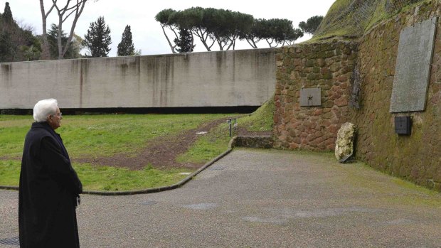 Mr Mattarella visits the National Monument and Memorial Cemetery of victims of German occupation in Rome after his election.