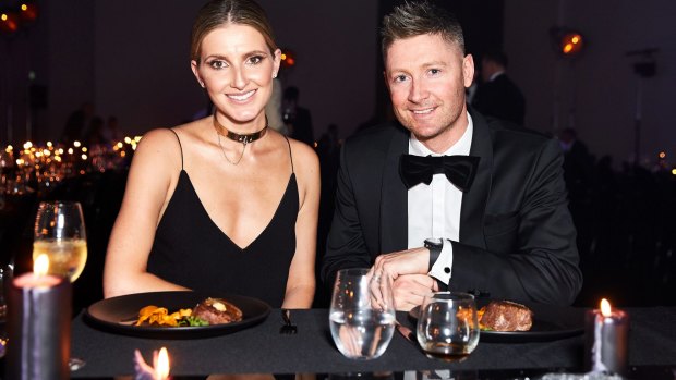 Kate Waterhouse with Michael Clarke at the Hublot All Black 10th anniversary dinner at Bay 21 Gallery, Carriageworks.