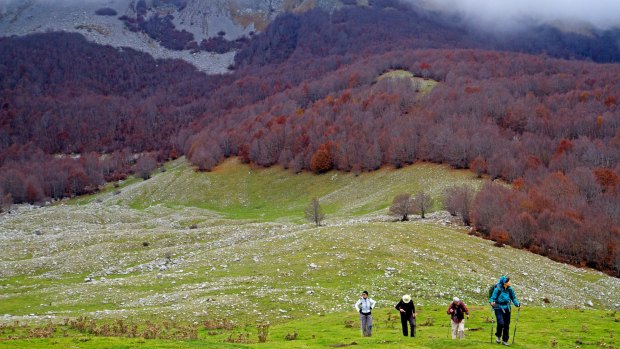 Hikers on the Piano de Pollino plain in Pollino National Park.