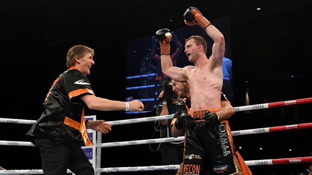 "We want the big fights. If we're going to fight him, we may as well fight him while Jeff's in his prime": Glenn Rushton rushes to embrace Jeff Horn after the boxer's win over Gary Corcoran.