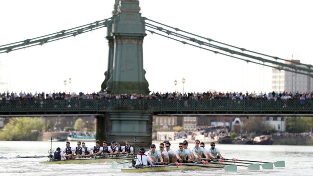 The Oxford men's crew power to victory in the annual boat race against Cambridge University on the river Thames in London.