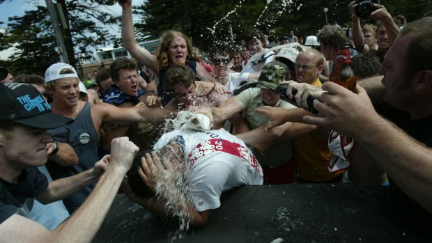 An angry mobduring the Cronulla beach riots on December 11, 2005.