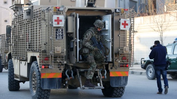 An ambulance near the site of a Taliban attack close to the Spanish Embassy in Kabul last week. 