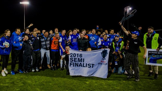 Canberra Olympic celebrate after beating Green Gully last year and progressing to the FFA Cup final four. 