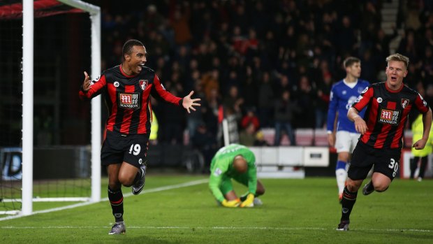 Born again: Junior Stanislas rejoices after the lte equaliser for Bournemouth against Everton at Vitality Stadium.