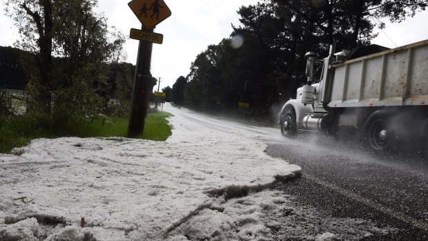 Blankets of white: Hail that fell during a storm at Mangrove Mountain, north of Sydney.