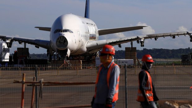 One of the two Singapore Airlines Airbus A380s at Changi Exhibition Centre waiting to be scrapped.