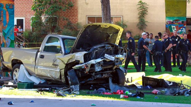 The pick-up truck that killed four festivalgoers in Chicano Park, San Diego, when it flew off an overpass on Saturday.