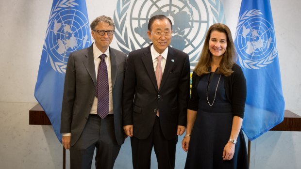 Bill Gates, left, poses with Secretary-General Ban Ki-moon, centre, and Melinda Gates, right, at the UN headquarters. The UN has announced 17 Sustainable Development Goals to achieve shared peace and prosperity.