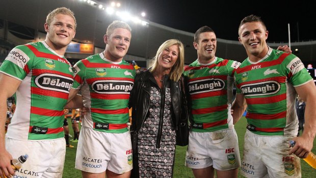 Family affair: Thomas, George, Julie, Luke and Sam Burgess after Souths' round 25 clash with Wests Tigers last year.