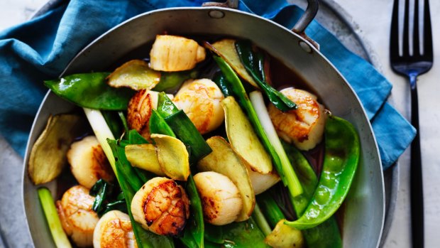 Kylie Kwong's stir-fried scallops with snowpeas and ginger.