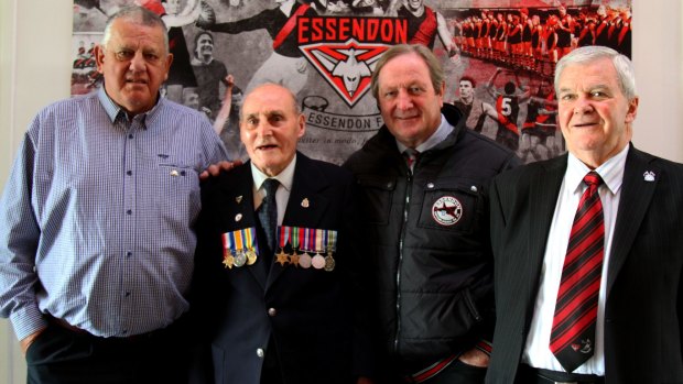 Three-time Essendon premiership player and war veteran Harold Lambert (second from left) with coaching great Kevin Sheedy (second from right), flanked by premiership players Charlie Payne (far left) and Barry Capuano (far right).