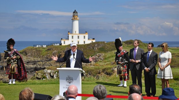 Donald Trump reopens Trump Turnberry Resort in Ayr Scotland, with his children Eric Trump,Donald Trump Jr and Ivanka Trump during the US presidential election campaign.