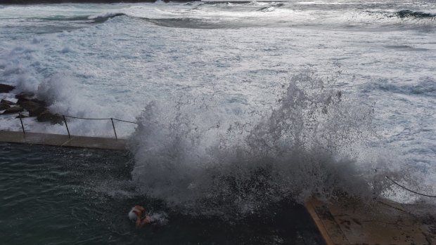 A swimmer ducks under a wave in Bronte's ocean pool during coastal rain and heavy swell on Friday.