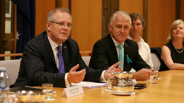 Scott Morrison and Malcolm Turnbull in discussions with the fintech industry in Canberra last month.  