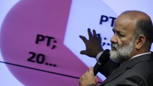 Brazil's Workers' Party Treasurer Joao Vaccari Neto speaks during a session of a parliamentary commission investigating allegations of corruption in Petrobras last week.