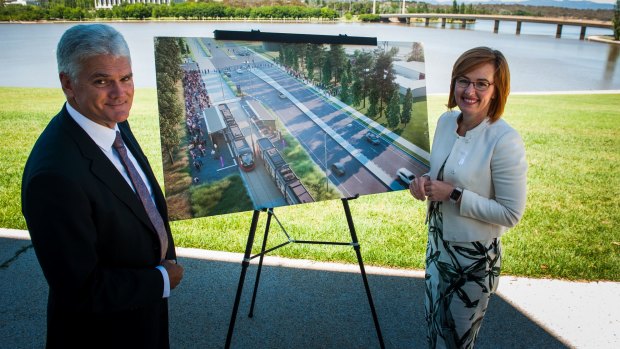 Project director for light rail Scott Lyall with Transport Minister Meegan Fitzharris in November 2016: Mr Lyall has just signed a $740,000 15-month contract.