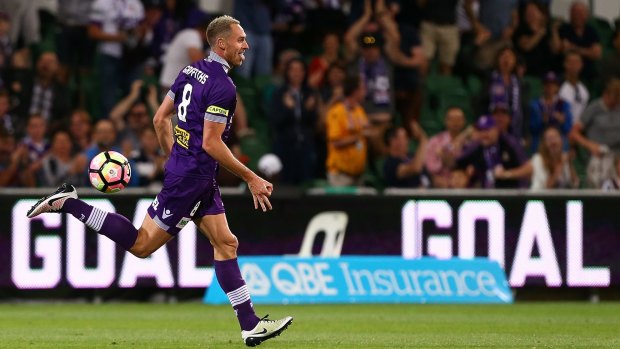 Equaliser: Rostyn Griffiths of the Glory celebrates after cancelling out Josh Risdon's own goal.
