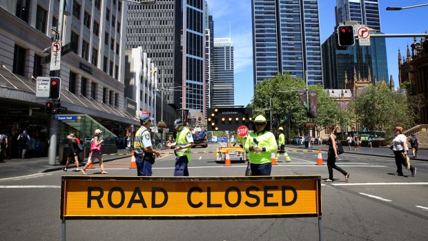 Construction workers organising the implementation of the light rail line closed roads in the central business district late last month.