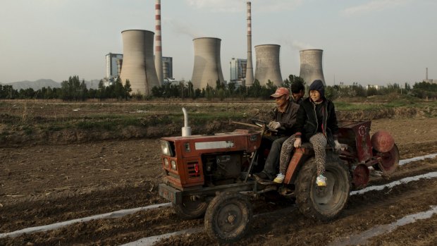 Farmers work in corn fields near the Shantou coal power plant in Shuozhou, China, in April 2014.