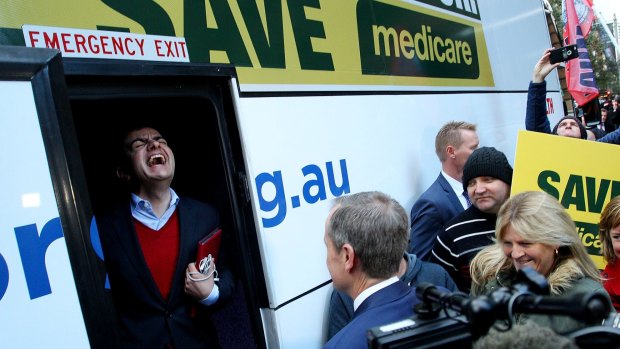 Senator Sam Dastyari on board Bill Shorten's campaign bus in Sydney.