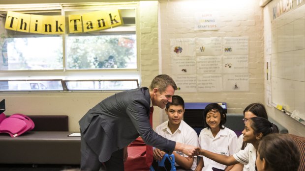 Premier Mike Baird with students at Casula High School on Thursday.
