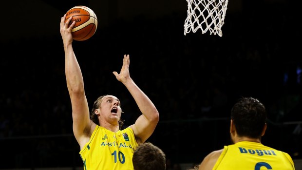 Green and gold pedigree: Cameron Bairstow shoots during game two of the series between the New Zealand Tall Blacks and Australian Boomers in August.