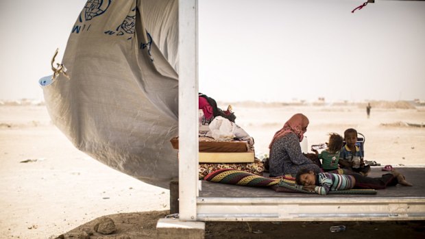 A woman from Fallujah sits in the half-built structure she and her four children call home at a camp in Amiriyat Fallujah, a government-held city in Anbar Province of Iraq