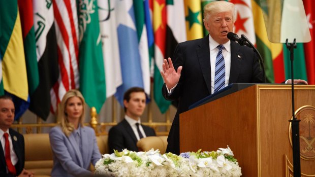 Donald Trump delivers his speech to the Arab Islamic American Summit in Riyadh, Saudi Arabia. Seated from left, White House Chief of Staff Reince Priebus, Ivanka Trump and her husband senior adviser Jared Kushner.