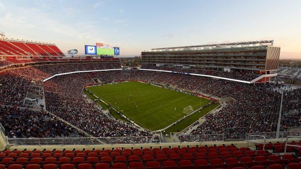 Caption:SANTA CLARA, CA - AUGUST 02:  A detailed view of Levi Stadium during an MLS Soccer game between the Seattle Sounders FC and San Jose Earthquates on August 2, 2014 in Santa Clara, California.  (Photo by Thearon W. Henderson/Getty Images)

LEVIS.jpg