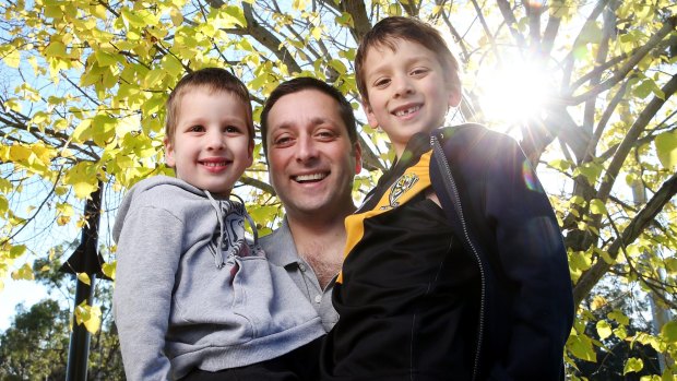 Victorian Opposition Leader Matthew Guy with sons Samuel, 4, and Joseph, 6.