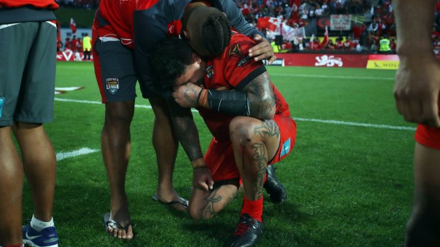 Devastation: Andrew Fifita's pain was there for all to see at fulltime.