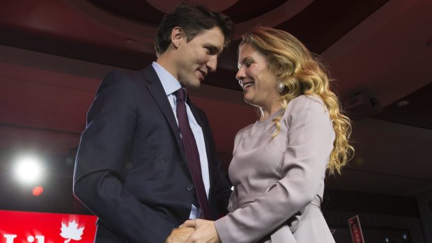 Liberal leader Justin Trudeau with his wife Sophie Gregoire in Montreal on Tuesday.