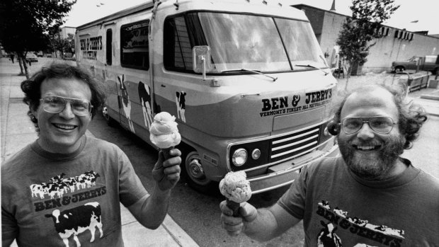 Back in the day when a tax break might have been handy: Jerry Greenfield, left, and Ben Cohen in front of their 'Scoopmobile'  in 1986.