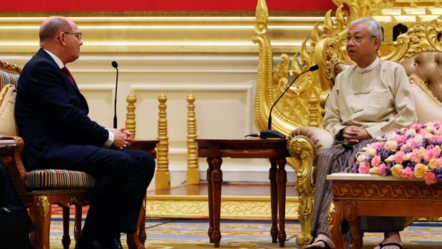 Myanmar's President Htin Kyaw, right, speaks with Urban Ahlin, Speaker of Swedish Parliament, in Naypyitaw, Myanmar. last week.