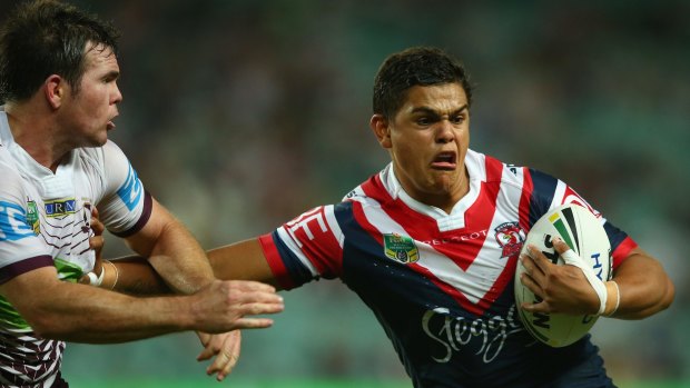 Apprentice: Latrell Mitchell tries to make a break during the round four NRL match between the Sydney Roosters and the Manly Sea Eagles at Allianz Stadium.