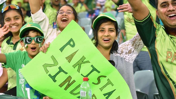 Pakistan fans cheer their team on during the final group match of the World Cup in Adelaide on Sunday.