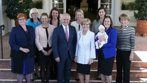 Mr Turnbull with the women in his new ministry including five women in cabinet.