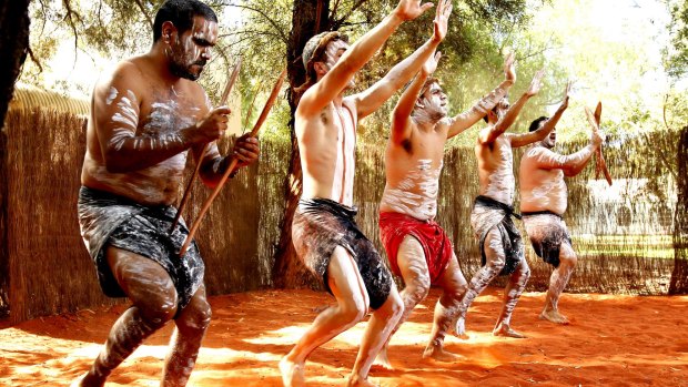 The Wakagetti Dance Troupe performs at Uluru in the Northern Territory.