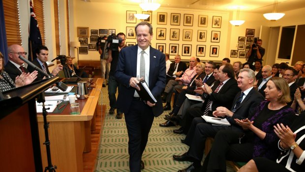 Opposition Leader Bill Shorten addresses Labor Caucus in the Opposition Party Room, at Parliament House.