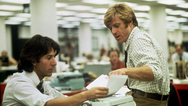Robert Redford, right, and Dustin Hoffman portray Washington Post reporters Bob Woodward and Carl Bernstein in the film.