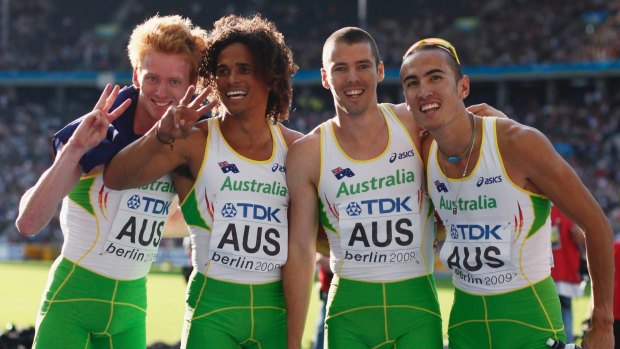 Sean Wroe (right) with the men's Australian 4x400m relay team at the 2009 World Athletics Championships.